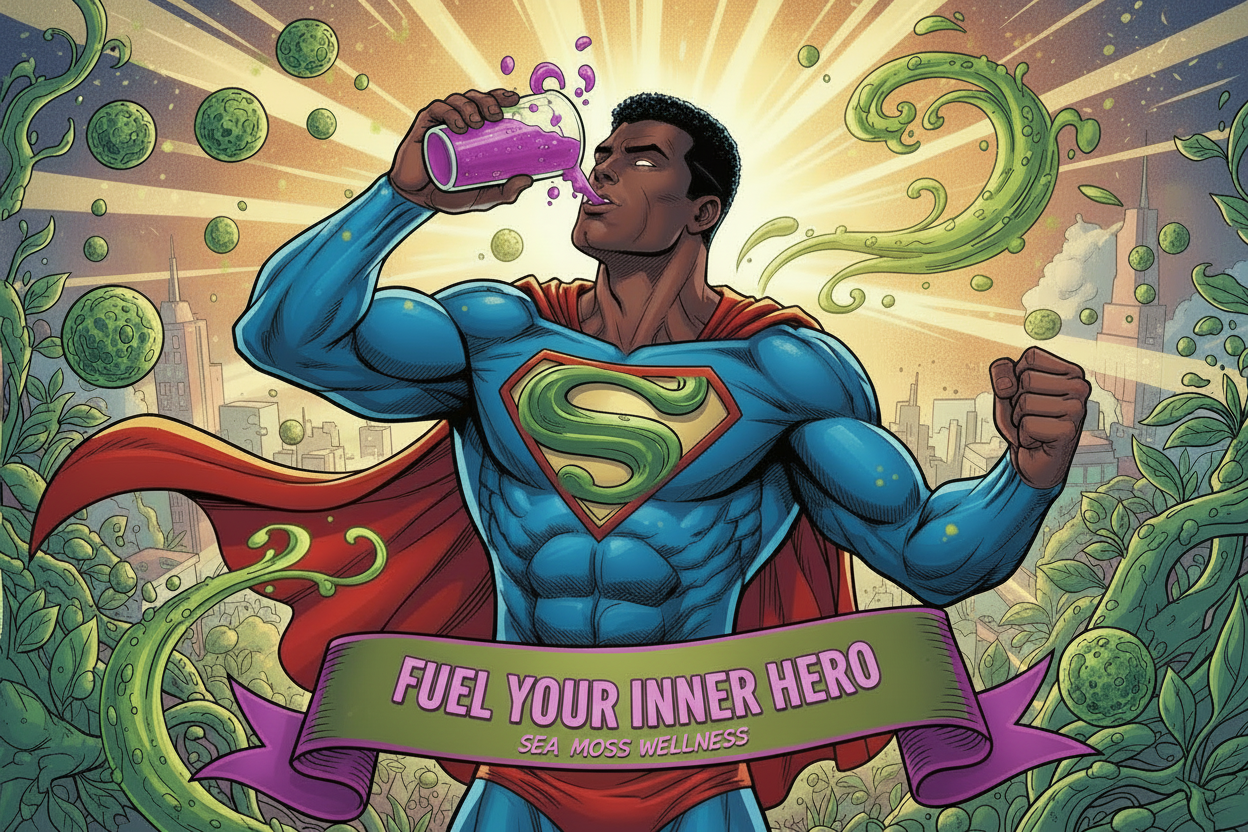 Black Superman drinking purple sea moss